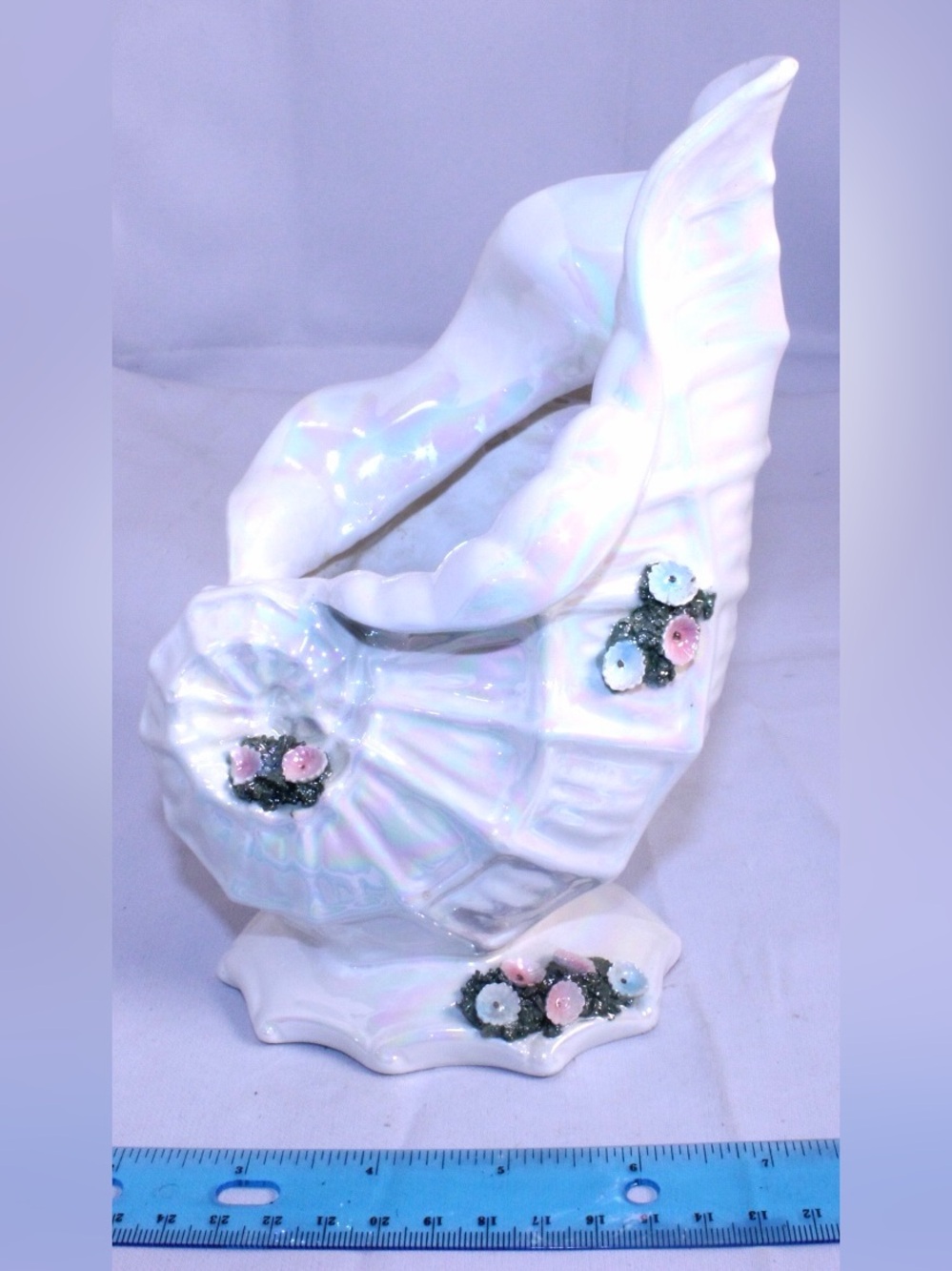 Lefton Iridescent White Porcelain Cornucopia Planter with Pink and Blue Flowers